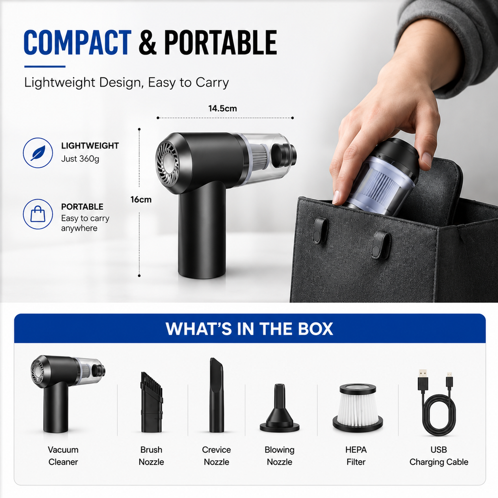 3-in-1 Wireless Portable Car Vacuum Cleaner & Air Blower – Powerful Rechargeable Handheld Vacuum for Car, Home, Office & Keyboard Cleaning