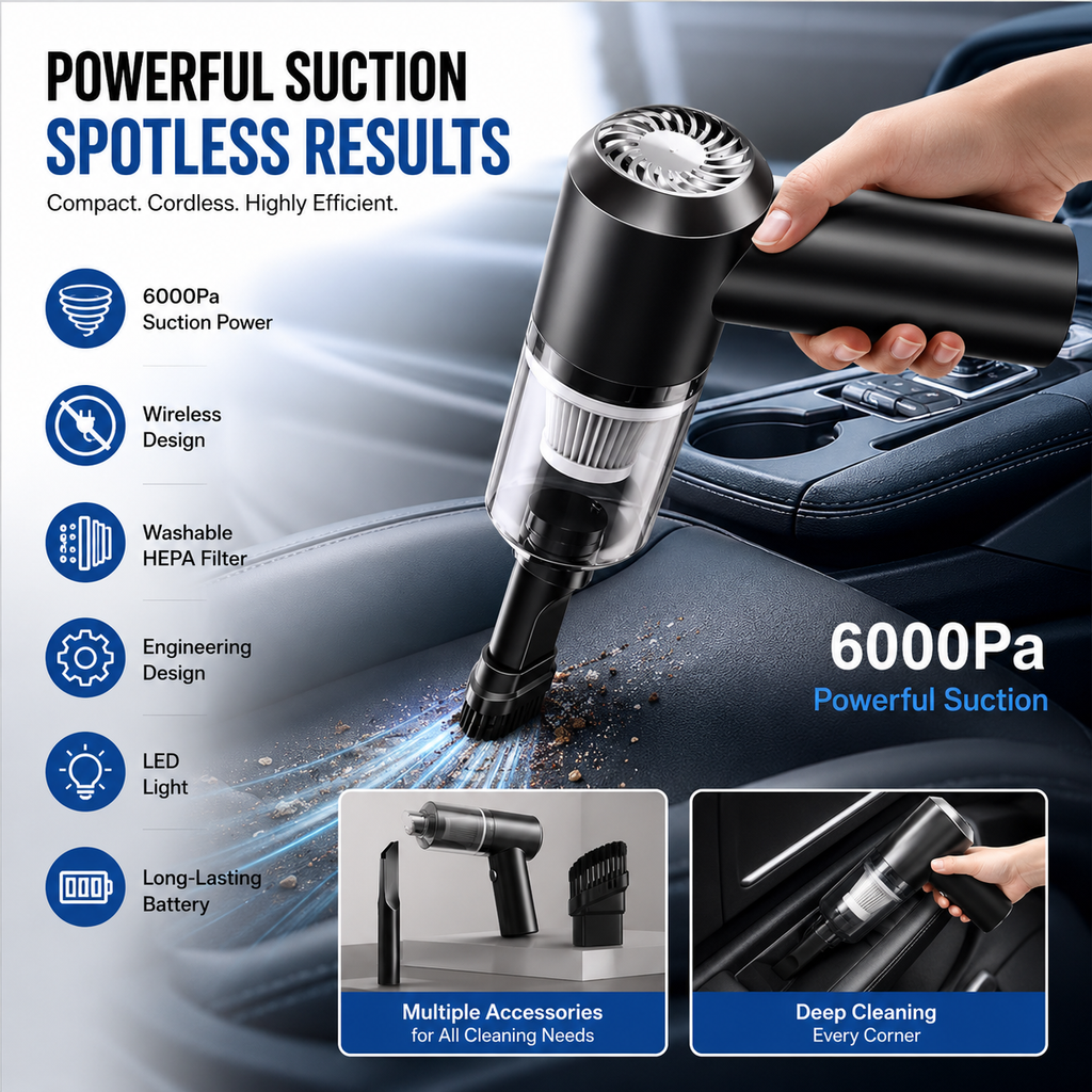 3-in-1 Wireless Portable Car Vacuum Cleaner & Air Blower – Powerful Rechargeable Handheld Vacuum for Car, Home, Office & Keyboard Cleaning