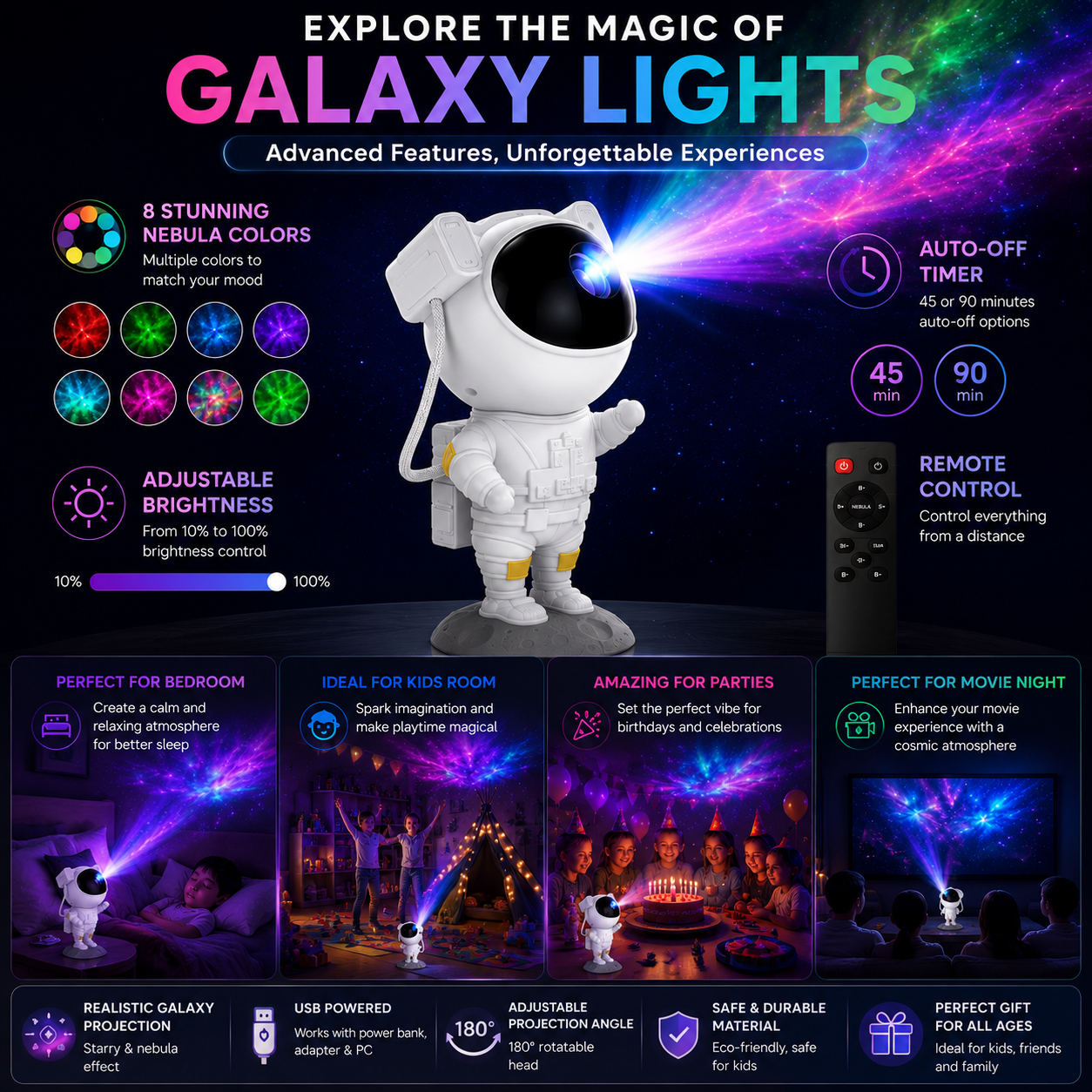 Astronaut Galaxy Projector Night Light with Remote Control, 360° Adjustable Star Projector Lamp, 8 Nebula Modes LED Space Light for Kids Bedroom, Gaming Room & Home Decoration