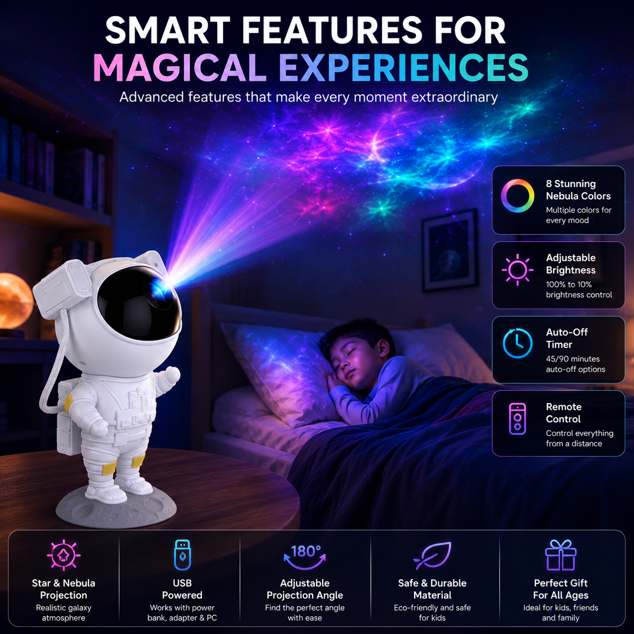 Astronaut Galaxy Projector Night Light with Remote Control, 360° Adjustable Star Projector Lamp, 8 Nebula Modes LED Space Light for Kids Bedroom, Gaming Room & Home Decoration